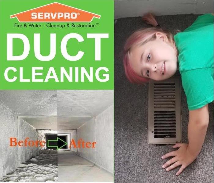 before and after photo of dirty duct work with young girl next to heat register on floor