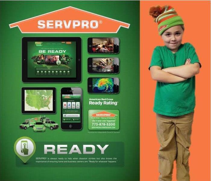 girl standing next to various SERVPRO images that say be ready 