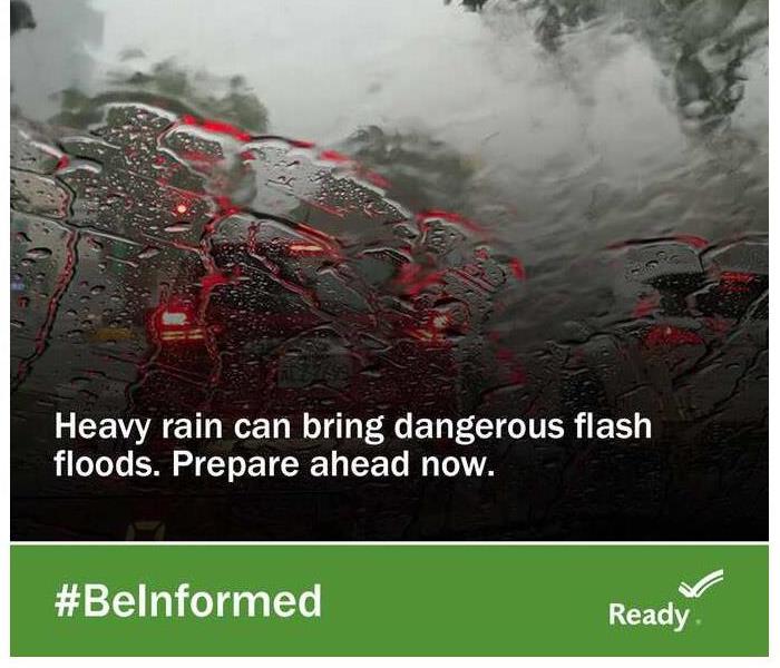 photo of wet windshield with wording about flash flooding and hashtag be informed